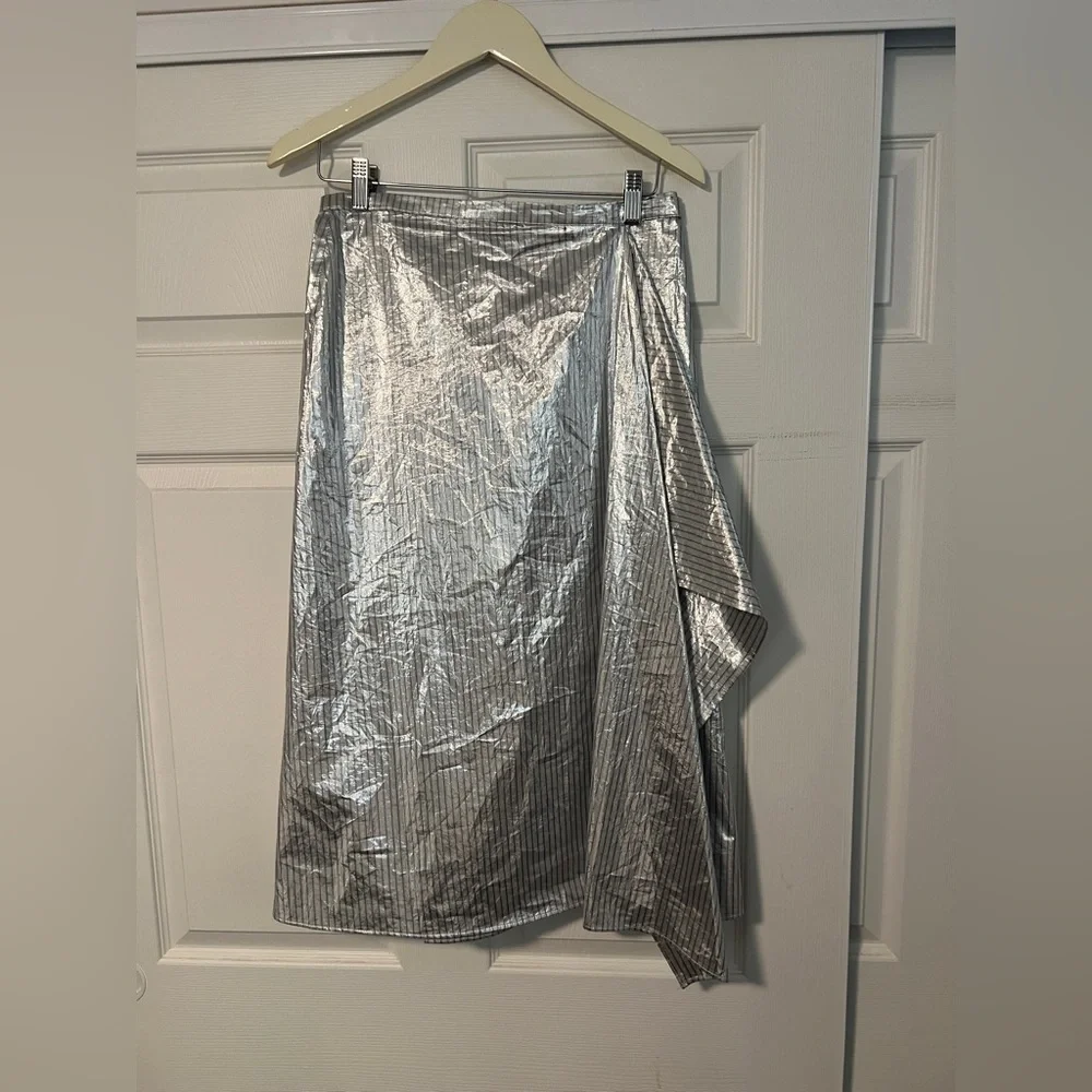 COS $175 Metallic Silver Striped Asymmetrical Wrap‎ Midi Skirt Romania Holiday - Picture 5 of 9
